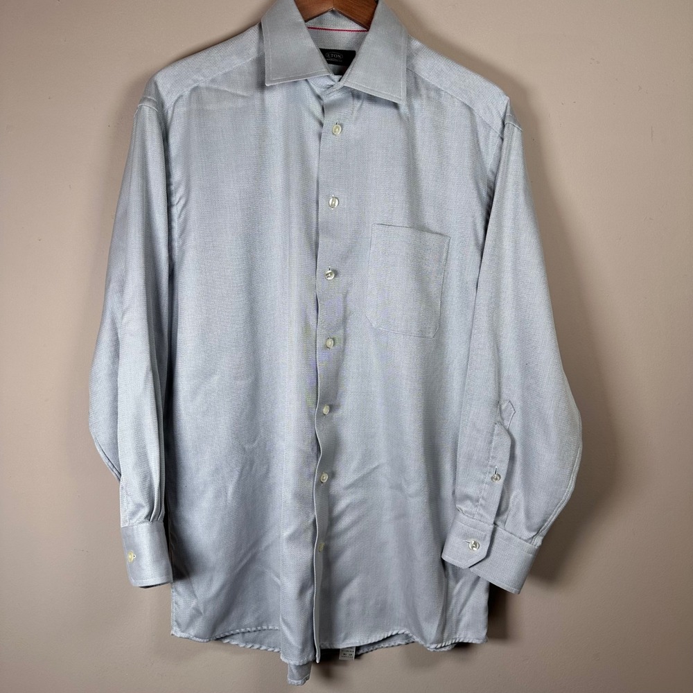 Eton of Sweden Men's‎ Dress Shirt 41 16 Light Blue Herringbone Cotton